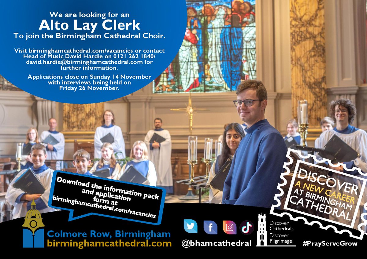 bhamcathedral's tweet photo. Calling all Altos! We're looking for an Alto Lay Clerk to join our wonderful Cathedral Choir. Details at https://t.co/qCgWUsoiKP #PrayServeGrow #TeamCathedral #musicjobs @BirmCons @ChurchTimes @cofebirmingham @churchofengland https://t.co/uMxzG9wW4B