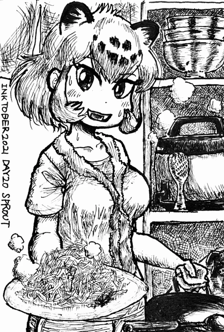 #inktober2020 #inktober  #けものフレンズ 
DAY20 SPROUT
ジャガーさんか作ってくれるもやし炒めはさあ…なんていうかこう…甘い味がするんだよね…
「フフッ砂糖は入れてないよ」
…聖獣!!
ごはん何杯でもいけちゃう!! 