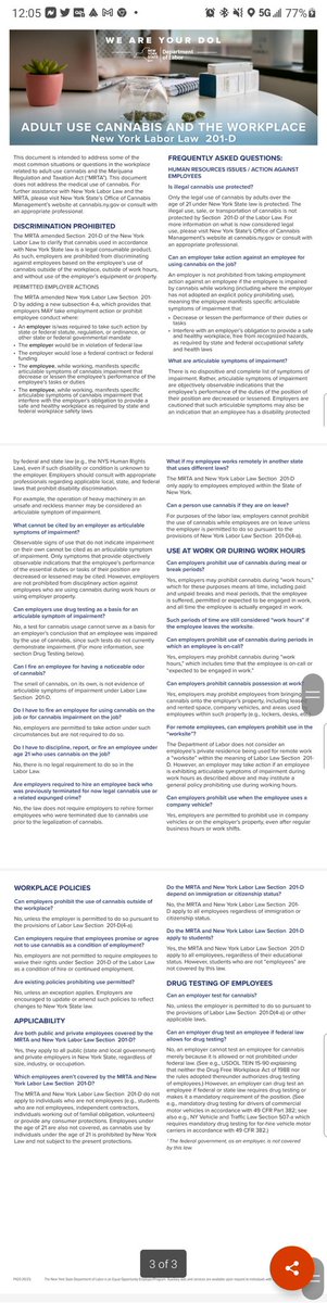 AdvisableGroup's tweet photo. New York State Department of Labor has released new guidance regarding legalized recreational marijuana use and the workplace.

Employers must now cite “articulable symptoms of impairment” in almost any effort to take action against an employee due to marijuana use. https://t.co/CWEnm0Zitw