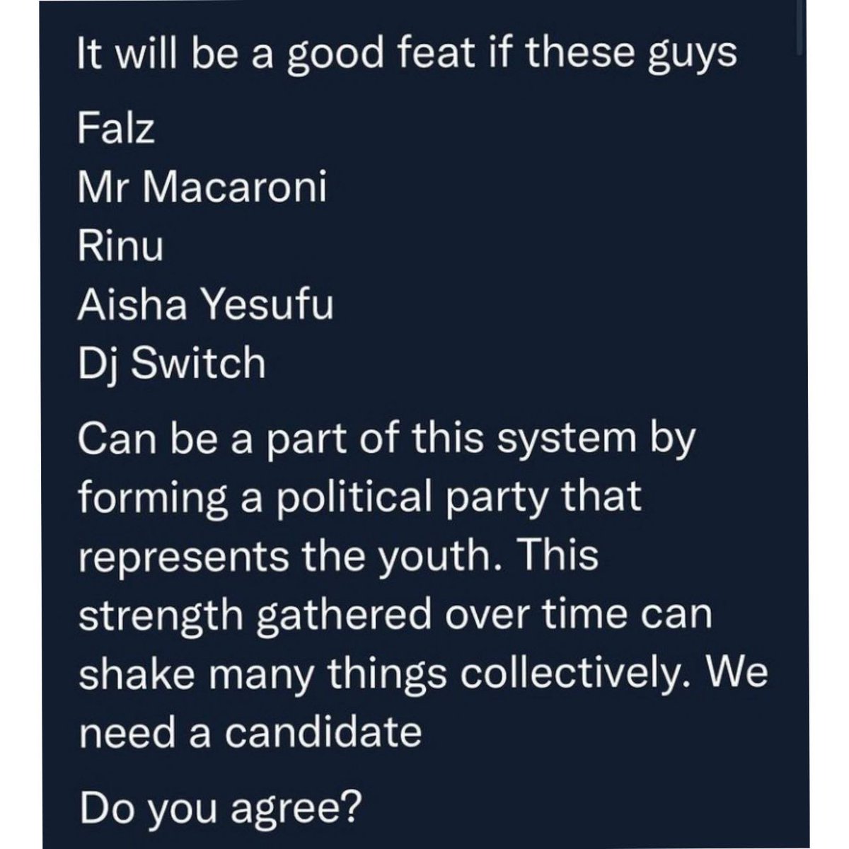 OloriSupergal's tweet photo. Media Personality, Dotun shares his opinion about forming a political party that represents the youth. 

Do you agree?

#OSG #OloriSupergal #EndSARSMemorial https://t.co/lQ7JXYCkoX