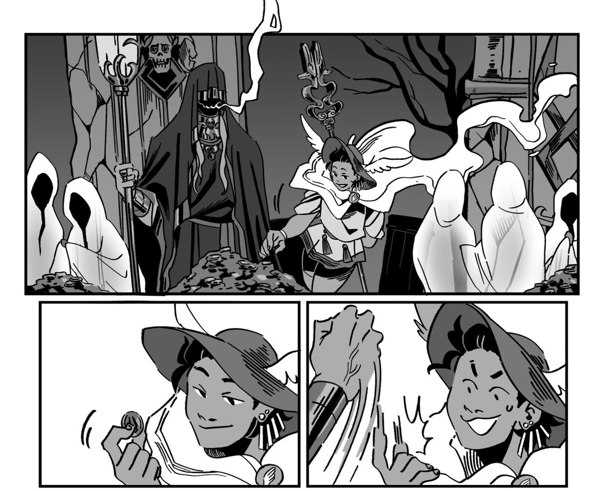 Some previews and outfit concepts of the comic I have finished recently for the @LifebloodHades anthology! Professional associates are looking quite different here… :3c 