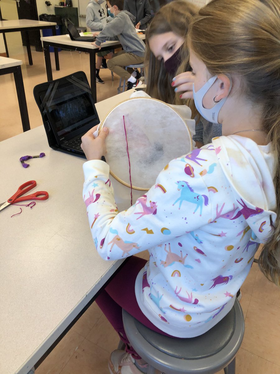 MrsShramko's tweet photo. 5th grade students practicing back and running stitches today.  One student said “This is so relaxing!” Great way to start the morning. #theU #TeamUTMS https://t.co/bDYscvhig9
