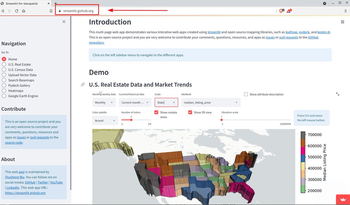 giswqs's tweet image. #Streamlit does not yet support custom domain. Here is a workaround: iframing your app into index.html and put it in your repo, then create a gh-pages branch and add your custom domain to GitHub pages. Check out my app with a custom domain 👇
streamlit.gishub.org
#geospatial