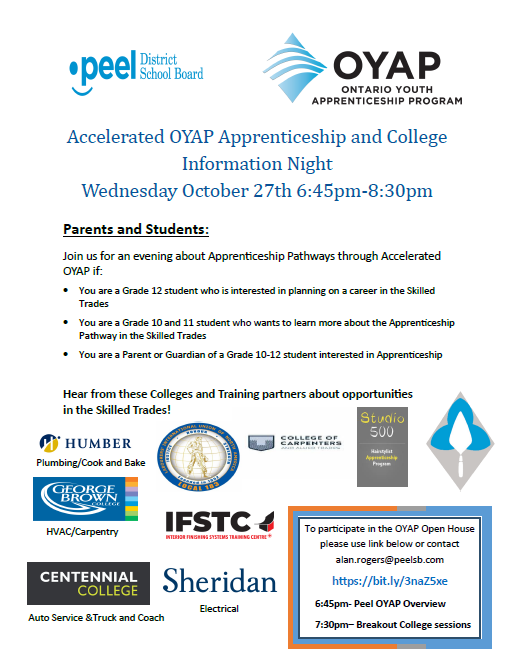 Start your <a href="/OYAP_Peel/">OYAP</a> apprenticeship while in high school <a href="/PeelSchools/">Peel District School Board</a>! 

Peel students &amp; families - Join us Oct. 27 for our Accelerated OYAP Level 1 opportunities

To join OYAP Open House click bit.ly/3naZ5xe
6:45pm- Peel OYAP Overview
7:30pm– Breakout College sessions