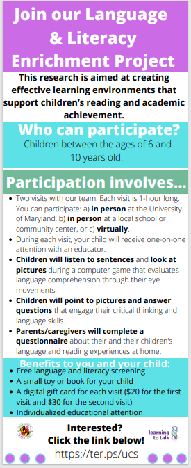 ToggleTalkUMD's tweet photo. Michelle Erskine an SLP at the Univ. of Maryland is inviting African American families with children ages 6-10 to take part in a study on language and literacy development. Click the link to signup https://t.co/3gDQkWpQ9d 
#education #reading  #virtualstudy #UMD #languagescience https://t.co/F4vNLdIXnQ