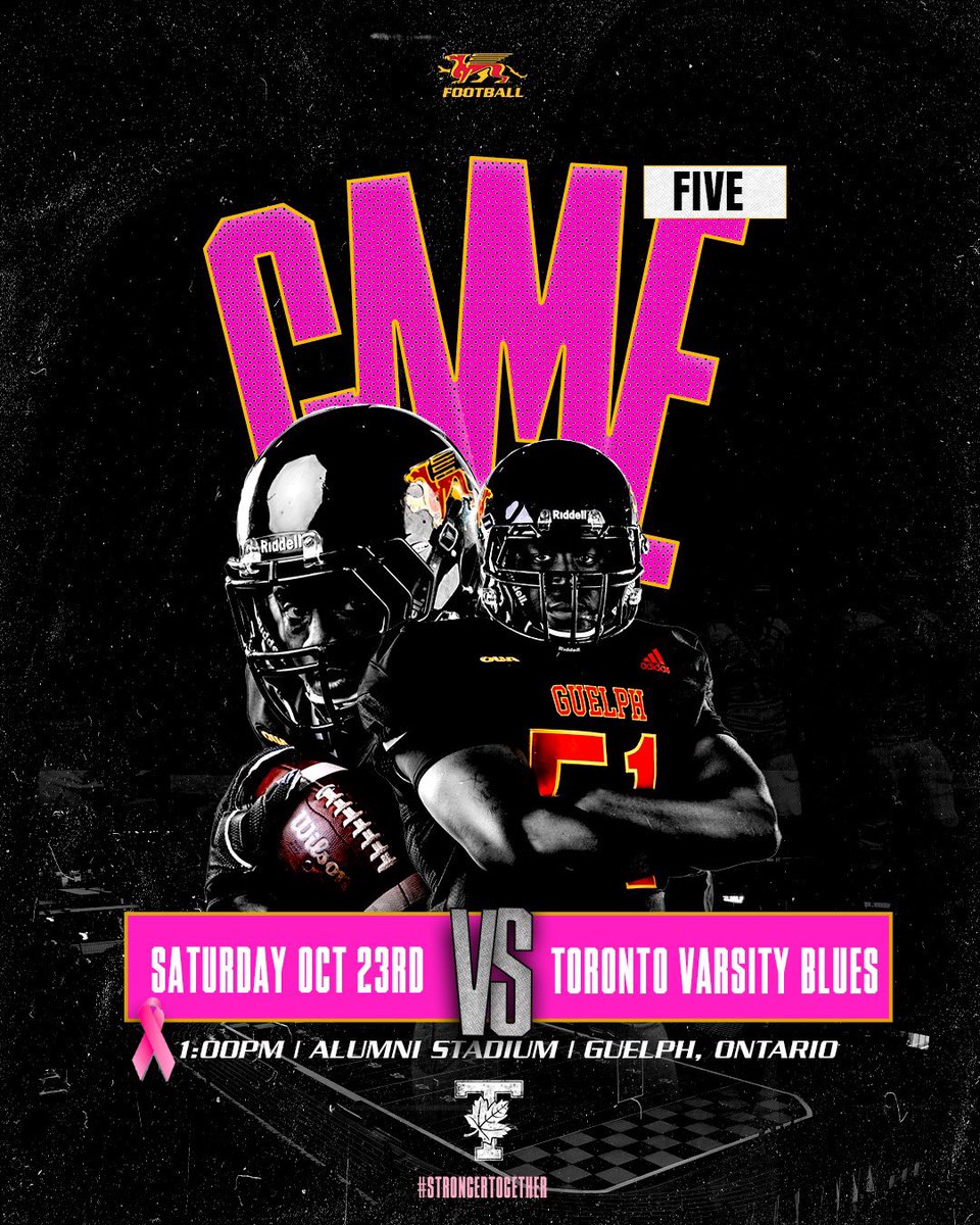 Our last home game of the regular season! Come watch us battle UofT &amp; join us in raising money and awareness for those affected by Breast Cancer #thinkpink🎀 #StrongerTogether 
📍: Alumni Stadium
⏰: 1:00 
🎟️: gryphons.ca
📺: oua.tv
#StrongerTogether