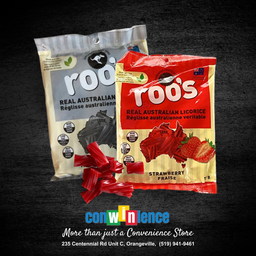 conwinience's tweet photo. Roo's Australian Licorice -With it's soft and supple texture, it's a melt in your mouth experience! 
#RetroCandy #Candy #Beverages #Snacks #BulkCandy #IceCream #Sundae #FamilyOwned #Orangeville #ConWiNience https://t.co/PFrYsDDUop