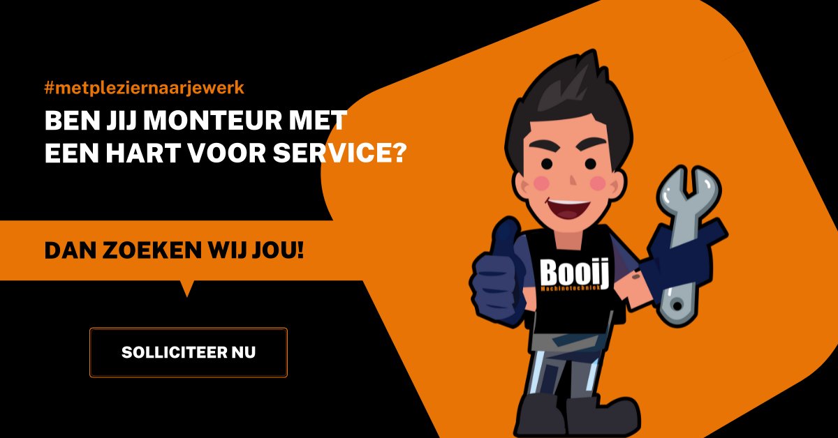 Ben jij monteur met een hart voor service? 🖤🧡 En wil je werken binnen een bedrijf waar een informele sfeer heerst, met veel werkplezier, vrijheid, humor, betrokkenheid én verantwoordelijkheden? 

Bekijk dan onze vacature en solliciteer snel via: booijmachinetechniek.nl/vacature/allro…! 🖤🧡