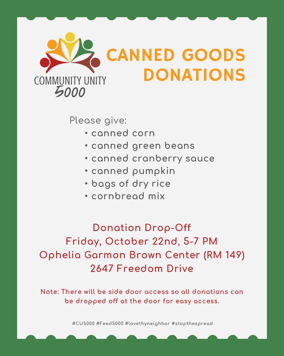 FeedingClt's tweet photo. Canned goods collection this Friday 5-7 PM. Support this local coalition and feed your neighbors! #cu5000 #stopthespread https://t.co/1BbfAqG9jB