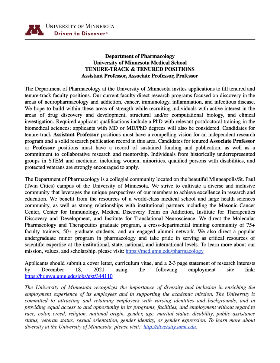 UMN Pharmacology and MPaT (@mpat_phcl_umn) on Twitter photo The Department of Pharmacology is hiring at all faculty ranks, hoping to build on our recent recruiting success - <a href="/LaurenSlosky/">Lauren Slosky</a>, @MichaelSheedlo, and an Associate Professor (more to follow)! Check the new posting below - and please share! The Department of Pharmacology is hiring at all faculty ranks, hoping to build on our recent recruiting success - <a href="/LaurenSlosky/">Lauren Slosky</a>, @MichaelSheedlo, and an Associate Professor (more to follow)! Check the new posting below - and please share!