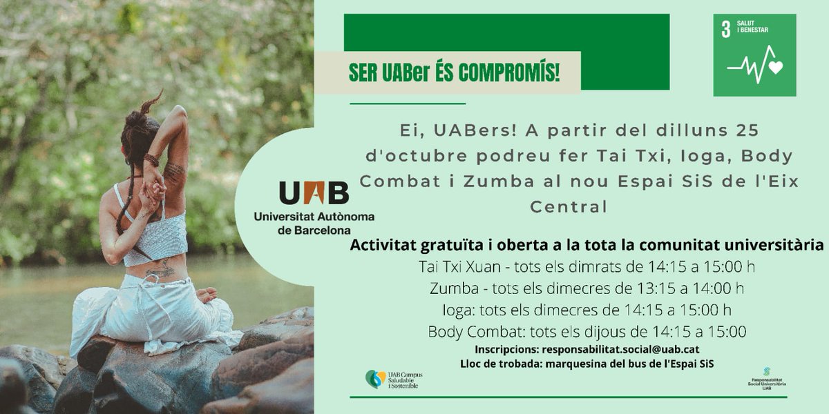CORESalutMental's tweet photo. 🟢Continuem cuidant #ComunitatUAB! A partir 25 Oct. Cuidem-nos! #ODS3 Contacte amb persones i entorn natural + exercitació son factors protectors #salut
Activitats gratuïtes Eix Central Campus @UABBarcelona  @rsuUAB 
#TaiTxi, #Zumba, #Ioga o #BodyCombat
Inscripcions ⬇️ https://t.co/7JS7FIfg2x