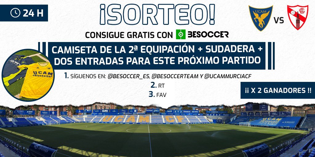 BeSoccerTeam's tweet photo. 🎁 NUEVO SORTEO 🎁

Gana la 2a equipación + sudadera + 2 entradas para el siguiente partido de @UCAMMurciaCF 

📌 Requisitos 

-Síguenos en @BeSoccerTeam @besoccer_ES y @UCAMMurciaCF 

-RT al tuit

-FAV al tuit https://t.co/EyrNGNy3kt