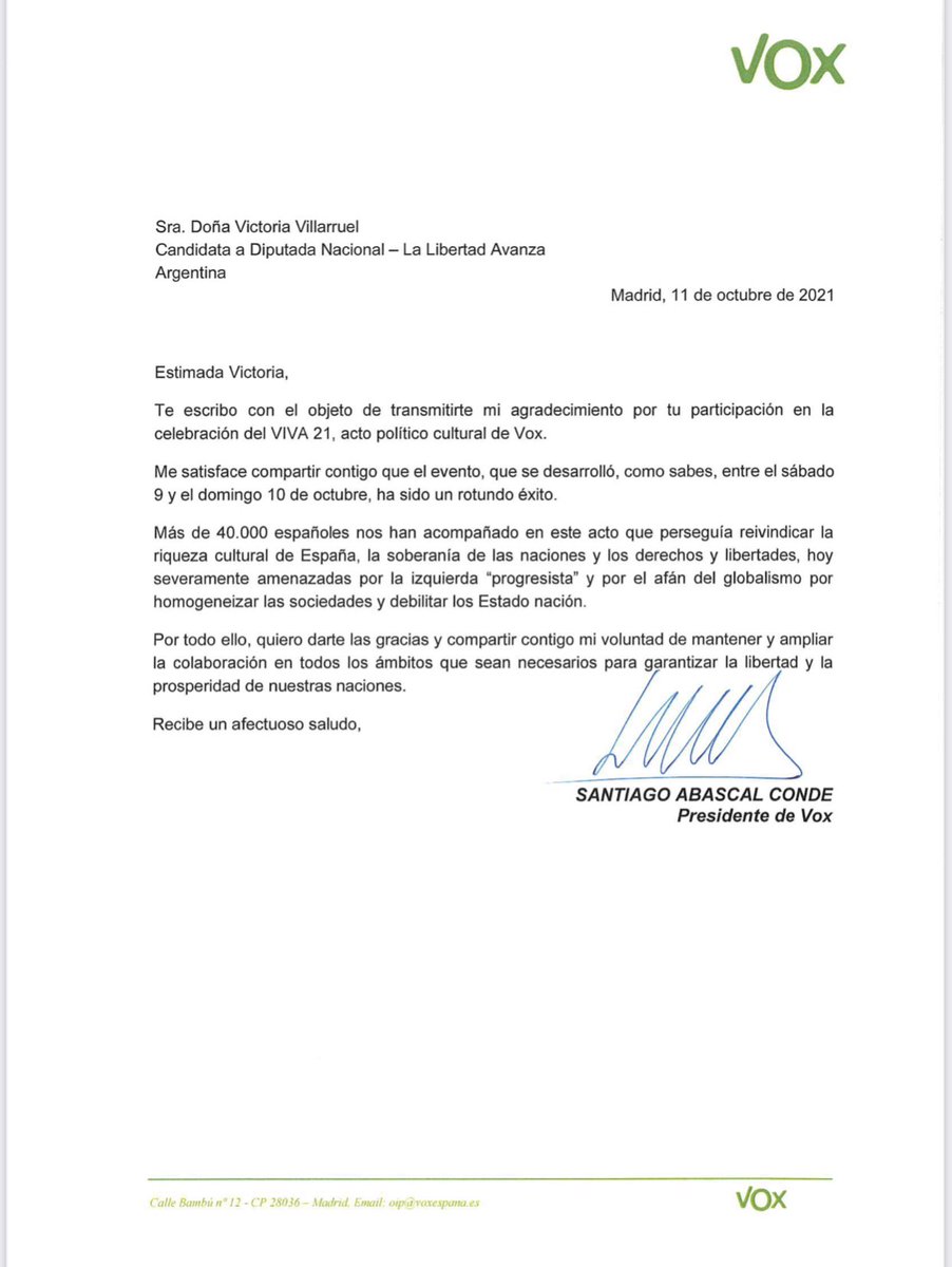 VickyVillarruel's tweet image. Carta de @Santi_ABASCAL por participar en el #VIVA21 de @vox_es. La próxima ocasión espero poder estar presente junto a los que estamos luchando en Hispanoamérica contra el progresismo que nos ancla al pasado, la miseria y el conflicto eterno. Argentina y España Unidas siempre!