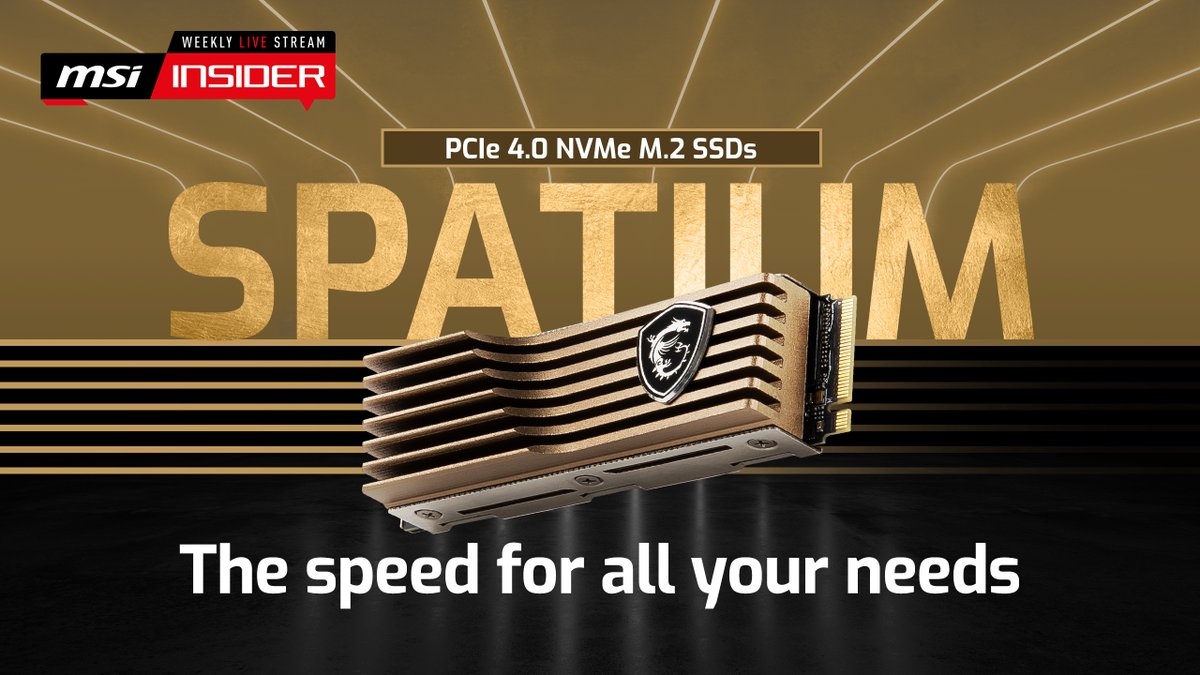 msigaming's tweet photo. #MSIInsider Earlier this year we introduced our SPATIUM line of M.2 SSDs to the world. In this livestream, the MSI Insiders are going over all the details, from the M.2 SSD itself to the interface, cooling and of course... SPEED! Live now: https://t.co/c3XoWQbyDG https://t.co/raHZAKlP2F
