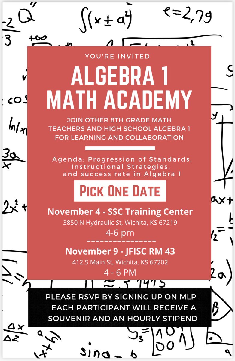 ingramhollyann's tweet image. Calling all HS Algebra 1 teachers and MS Math 8 teachers!! Come join us as we launch this exciting learning opportunity just for YOU! Designed by math teachers FOR math teachers! Who is already registered??? #WPSIgniteLearning @WichitaUSD259  #WPSProud
