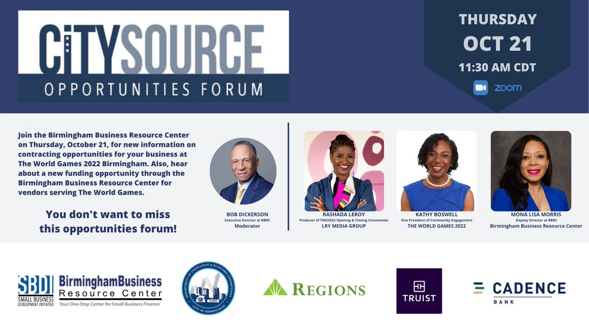 mybbrcbiz's tweet photo. Are you looking for funding and/or contracting opportunities in Birmingham for your business? The BBRC is connecting you directly to the source - at CitySource!

Click here to register for the October 21 session: 
https://t.co/VjjpI5LgbJ

#myBBRC #CitySource #accesstocapital https://t.co/WwU4lJry7C