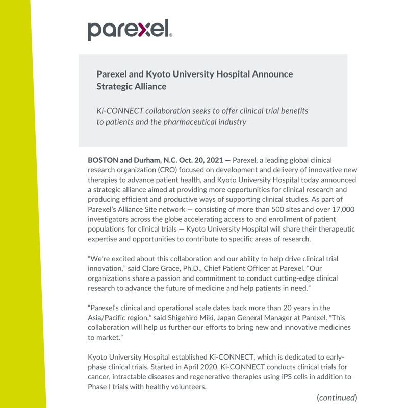 Parexel's tweet photo. We are proud to announce that we have formed a strategic alliance with Kyoto University Hospital aimed at providing more opportunities for #clinicalresearch. As part of our Alliance Site network, Kyoto University Hospital will share its therapeutic expertise. #PartnersInResearch