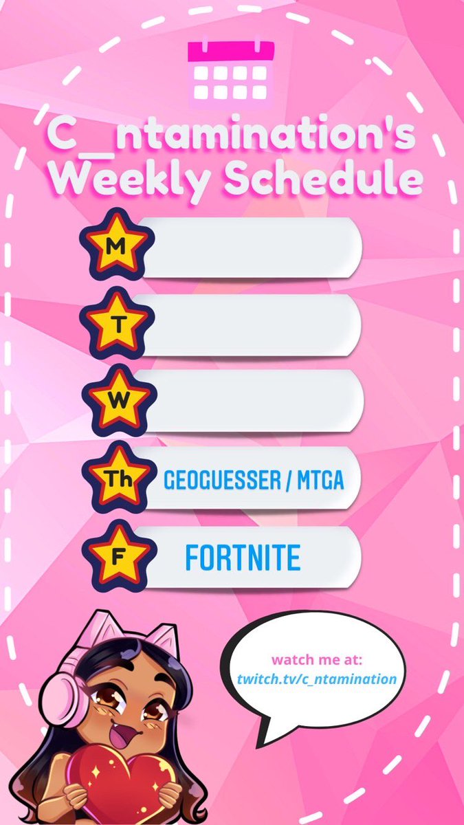 C_ntamination's tweet photo. ✨💕Thursday and Friday streams this week! 💕✨ https://t.co/nJgecCxBf3 #weeklystreams #geoguesser #mtgastream https://t.co/qzRY5hC41X