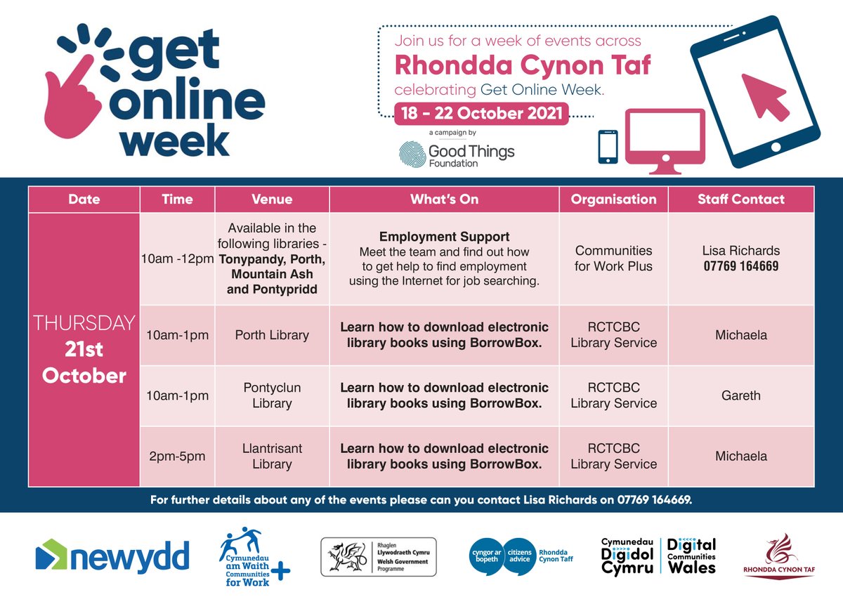 It's been a busy #GetOnlineWeek so far with plenty still going on with our friends and partners! Tomorrow @CfWplusRCT will be showing how to search for jobs online and @RCTCouncil libraries will be demonstrating eBooks and audiobooks
