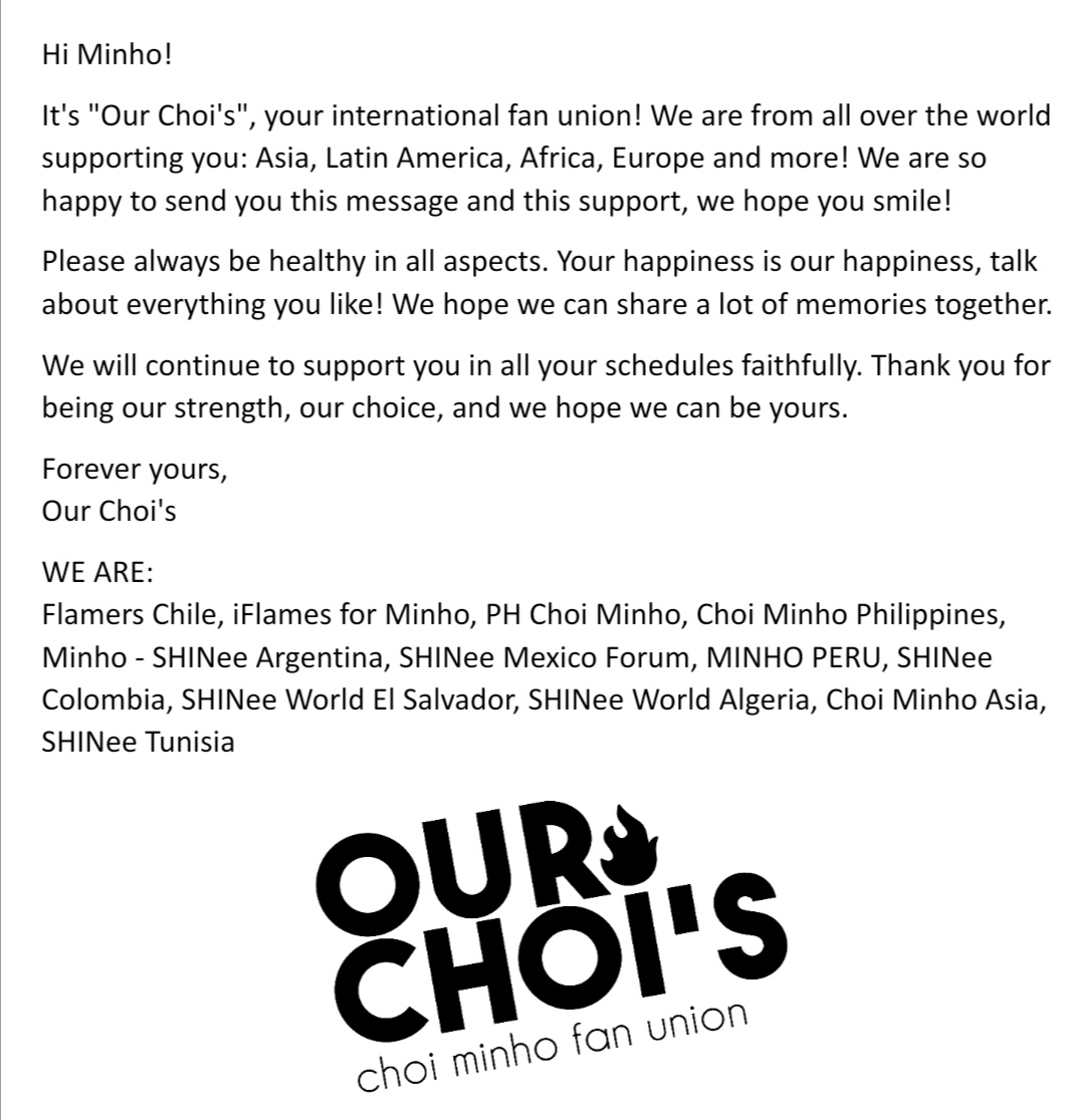 ourchois's tweet photo. For the food support today in BEST CHOICE we had a chance to send a small letter to Minho and we would like to share it with you. We tried our best to convey our sincere feelings to him and how much he means to us! Thank you for everything as always, Choi Minho, our Captain Choi! https://t.co/6CP3MhCjZB