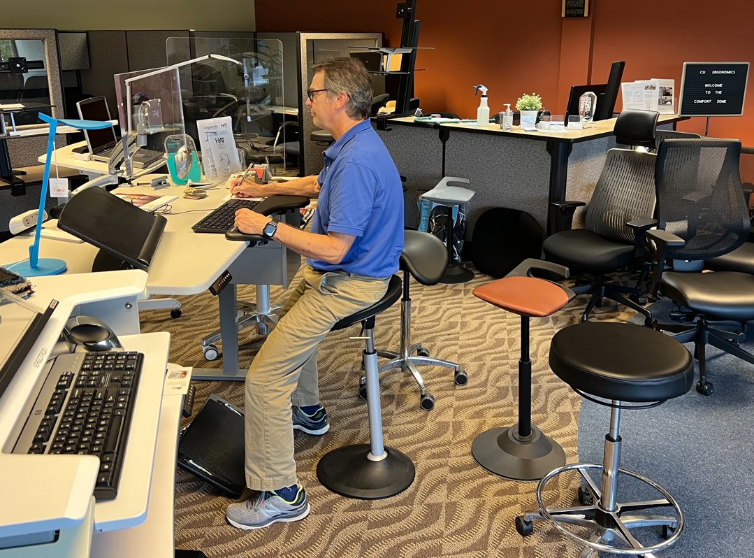 At CSI we host a “Comfort Zone” where you can try out solutions for your home or  office. Go ahead &amp; ride the electric bases up &amp; down or use the showroom treadmill to see if you can mouse &amp; walk at the same time. Article: bit.ly/3C1Vzvh #ergonomics #ergotiptuesday