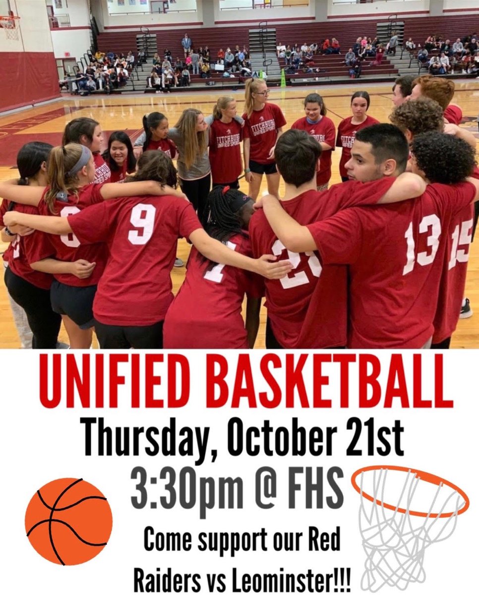 FitchburgPS's tweet photo. Come out and support our hard-working Fitchburg High student-athletes in #Unified Basketball on Thursday, 3:30 p.m., at the Doug Grutchfield Field House. It’s the season-opener against Leominster. Show your support, all the athletes will love it! @FHSathleticdept @Principal_FHS https://t.co/SXaeLDzkcg