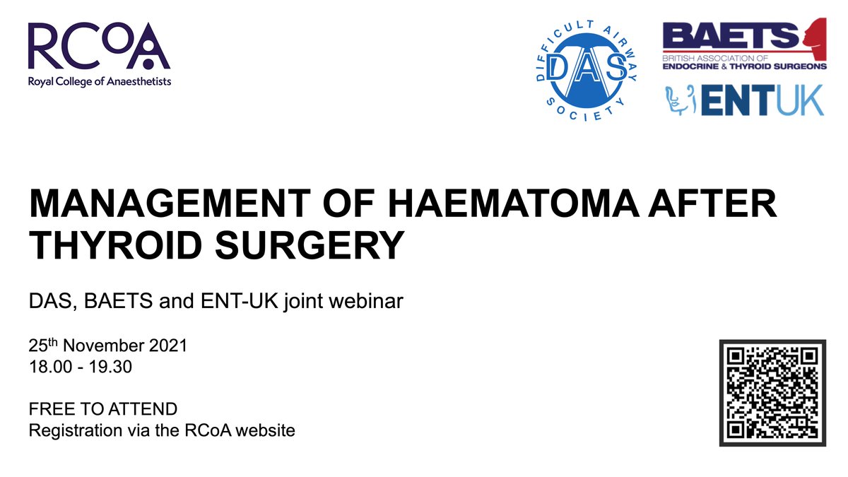 Difficult Airway Society (DAS) Residents (@dasresidents) on Twitter photo 📢FREE WEBINAR
Management of haematoma after thyroid surgery: <a href="/dasairway/">Difficult Airway Society (DAS)</a> <a href="/BAETS_UK/">British Association of Endocrine&Thyroid Surgeons</a> <a href="/ENT_UK/">ENT UK</a> joint webinar
🗓️25th November 18:00
🎫Register via <a href="/RCoANews/">Royal College of Anaesthetists</a> 👉rcoa.ac.uk/events/managem…
🔓Guidelines in <a href="/Anaes_Journal/">𝘈𝘯𝘢𝘦𝘴𝘵𝘩𝘦𝘴𝘪𝘢</a>
🔗…-publications.onlinelibrary.wiley.com/doi/10.1111/an…
#DASGuidelines #patientsafety 📢FREE WEBINAR
Management of haematoma after thyroid surgery: <a href="/dasairway/">Difficult Airway Society (DAS)</a> <a href="/BAETS_UK/">British Association of Endocrine&Thyroid Surgeons</a> <a href="/ENT_UK/">ENT UK</a> joint webinar
🗓️25th November 18:00
🎫Register via <a href="/RCoANews/">Royal College of Anaesthetists</a> 👉rcoa.ac.uk/events/managem…
🔓Guidelines in <a href="/Anaes_Journal/">𝘈𝘯𝘢𝘦𝘴𝘵𝘩𝘦𝘴𝘪𝘢</a>
🔗…-publications.onlinelibrary.wiley.com/doi/10.1111/an…
#DASGuidelines #patientsafety