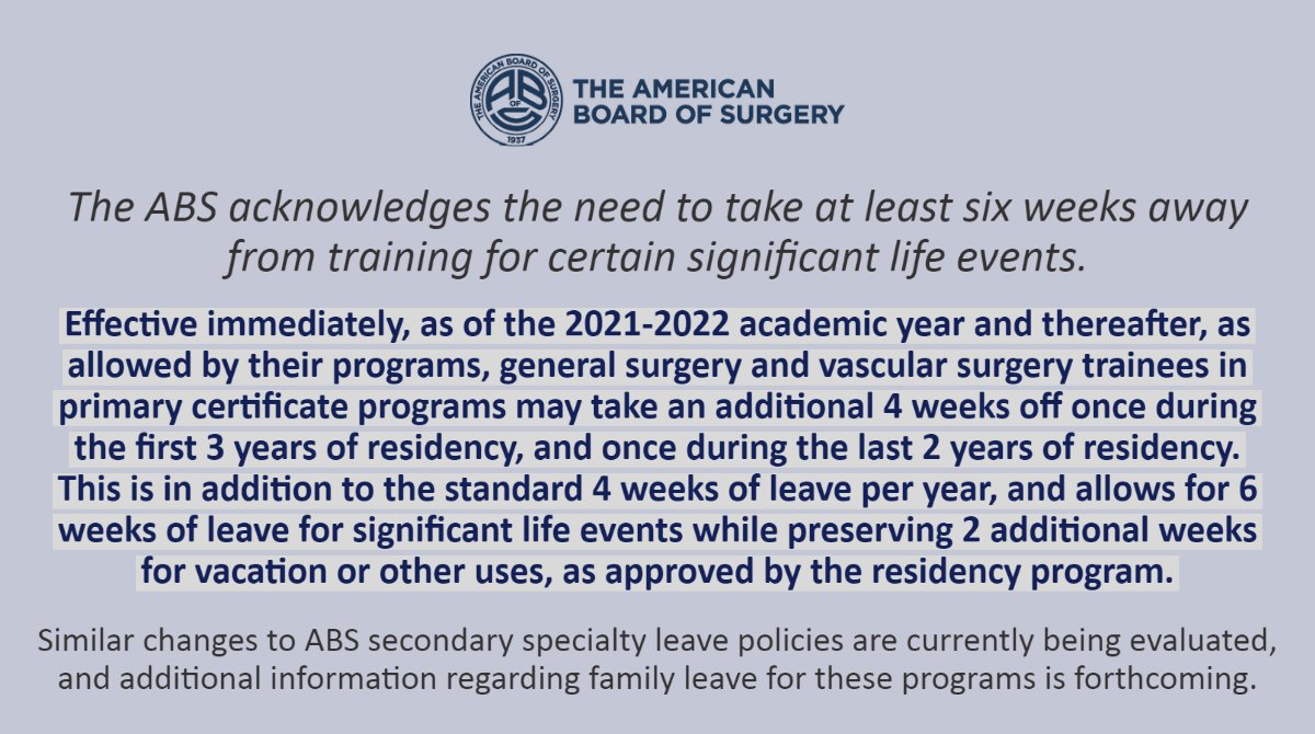 The American Board of Surgery is pleased to announce a more flexible #familyleave policy for residents completing a #generalsurgery or #vascularsurgery training program - ow.ly/x93i50GuzKK