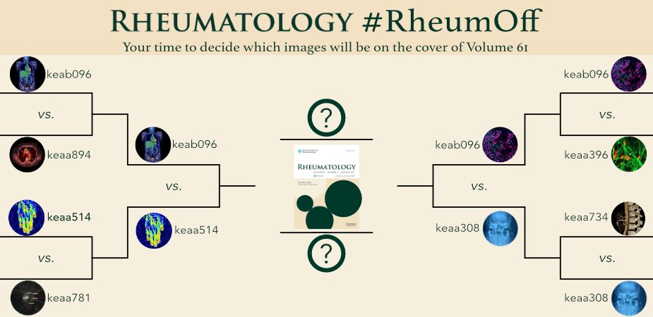 RheumJnl's tweet photo. We have our semi-finalists! The big takeaway from the first round seems to be that bright colours and recognisable images are very popular.
Check out the bracket as it stands and be sure to follow #RheumOff to have your say.
#Rheumatology @RheumatologyUK https://t.co/pXXG64dm6k