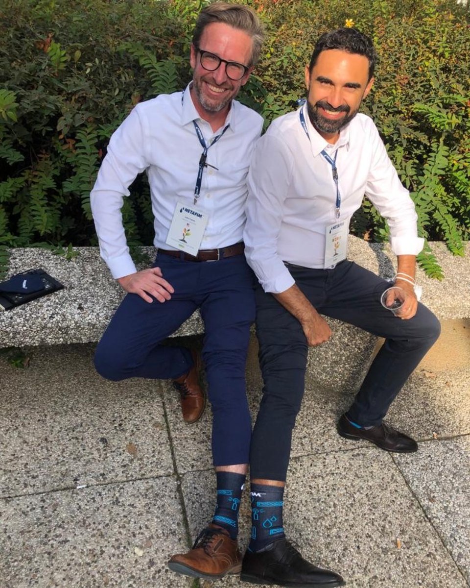NetafimSA1's tweet photo. Spot the #ProudlySouthAfrican influence at @EimaInt 2021.

@john_farner, CSO @NetafimCorp &amp; Fernando Cunhacastro, Director of Marketing &amp; Services, #EMEA show off their #Netafim @versussocks all the way from #SouthAfrica
#growmorewithless #netafimsa #EimaInternational  #Eima2021 https://t.co/toztsuXWRB