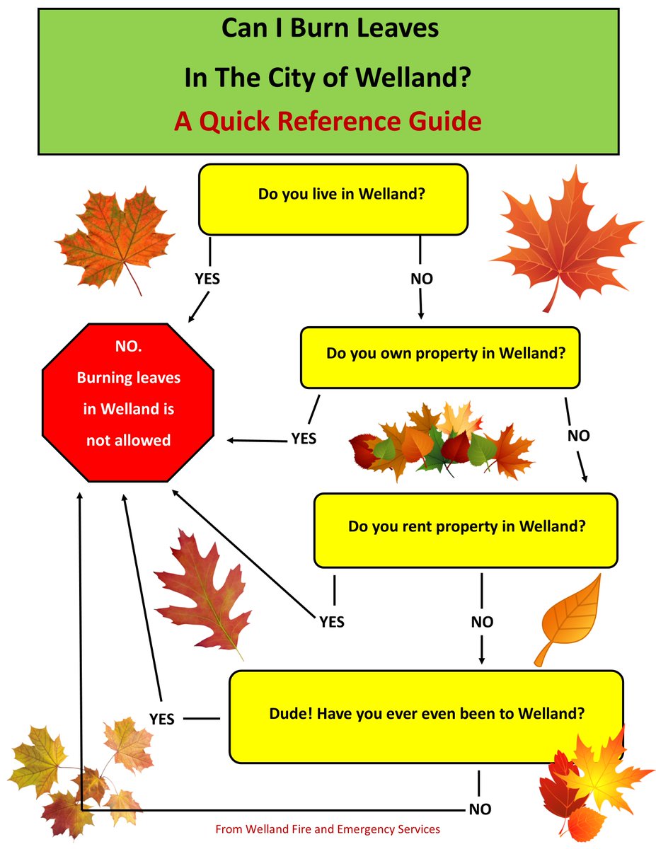 It's time once again to address the question of "Can I Burn Leaves In The City of Welland?".  

Here's a little flow chart to help you determine if YOU are allowed to burn leaves in <a href="/Welland/">City of Welland</a>.

Hint: The answer is "NO". 🍂🍁