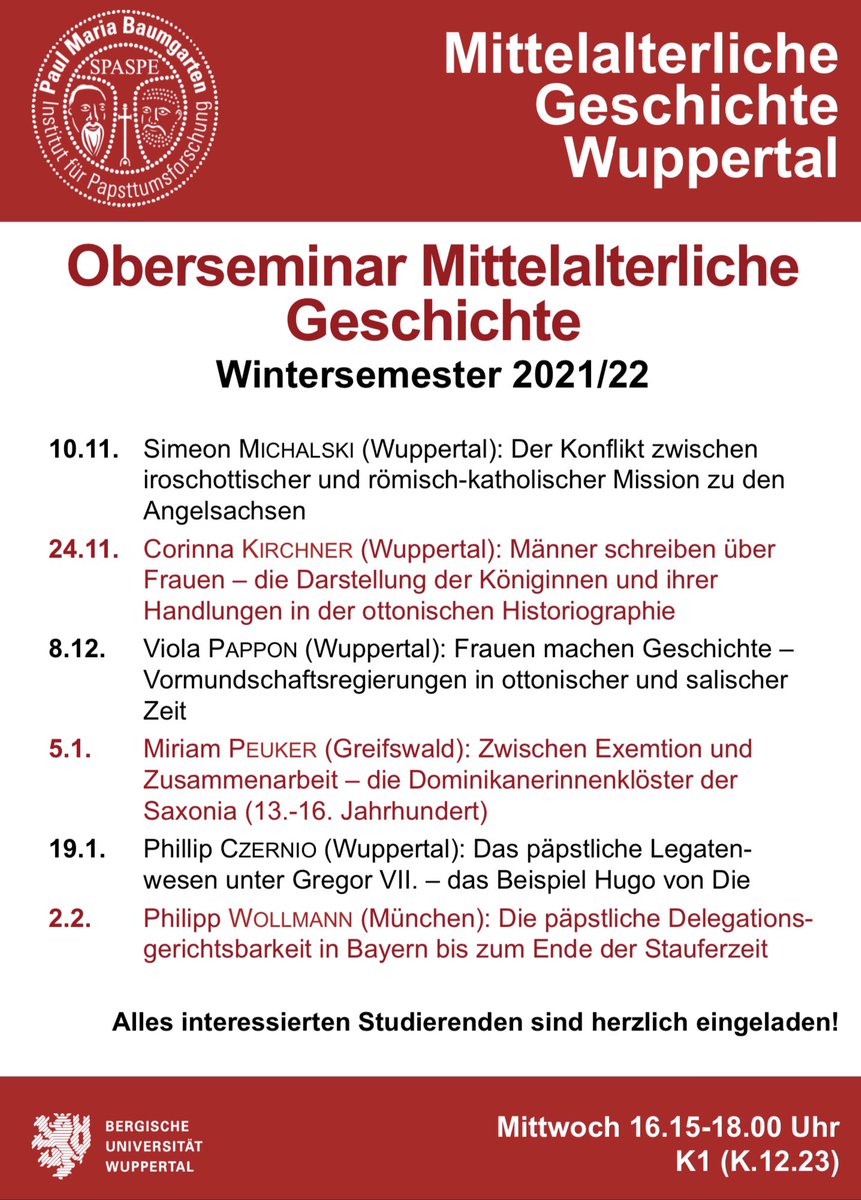 MittelalterB's tweet photo. Das Oberseminar der Mittelalterlichen Geschichte findet wie jedes Semester mittwochs von 16-18 Uhr (Gebäude K, 1) statt. Alle Interessierten sind herzlich eingeladen! https://t.co/QeZRUUrOOq