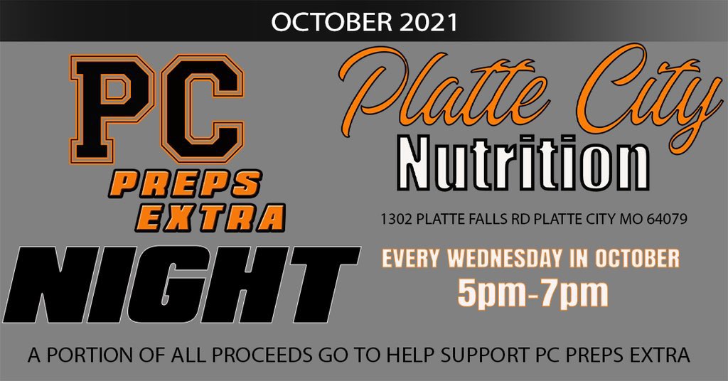 PCPrepsExtra's tweet photo. Thank you @PlatteCountyR3 and @PCHSAthletics1 fans! We are very appreciative of the continued support. Tonight is another @PCPrepsExtra night at @PC_Nutrition and a portion of all proceeds from 5 to 7 pm go to help us offset our travel expenses for fall playoff contests. Join us! https://t.co/CnIQpkjmzm