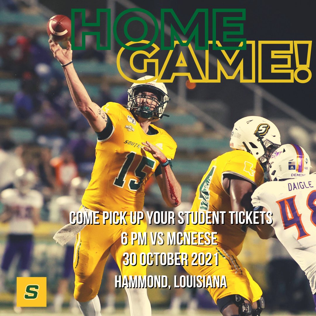 Did y'all enjoy Homecoming ?? Well, We have another home game slowly approaching.  Come get your Free Student Ticket for October 30th vs McNeese. Our office hours are Mon-Thurs: 9am-4pm &amp; Fri. 8am-12pm

SEE Y'ALL SOON ‼️
