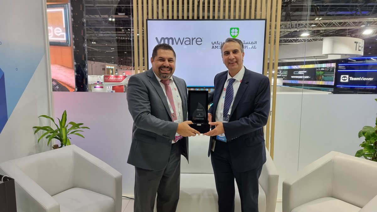 VMware_ME's tweet photo. We are Praising @AHDubai at @GITEXTechWeek for adopting VMware #Cloud in their digital transformation journey to better utilize their Technology resources to provide better healthcare in UAE

#VMwareAtGITEX https://t.co/naHJUirOMR