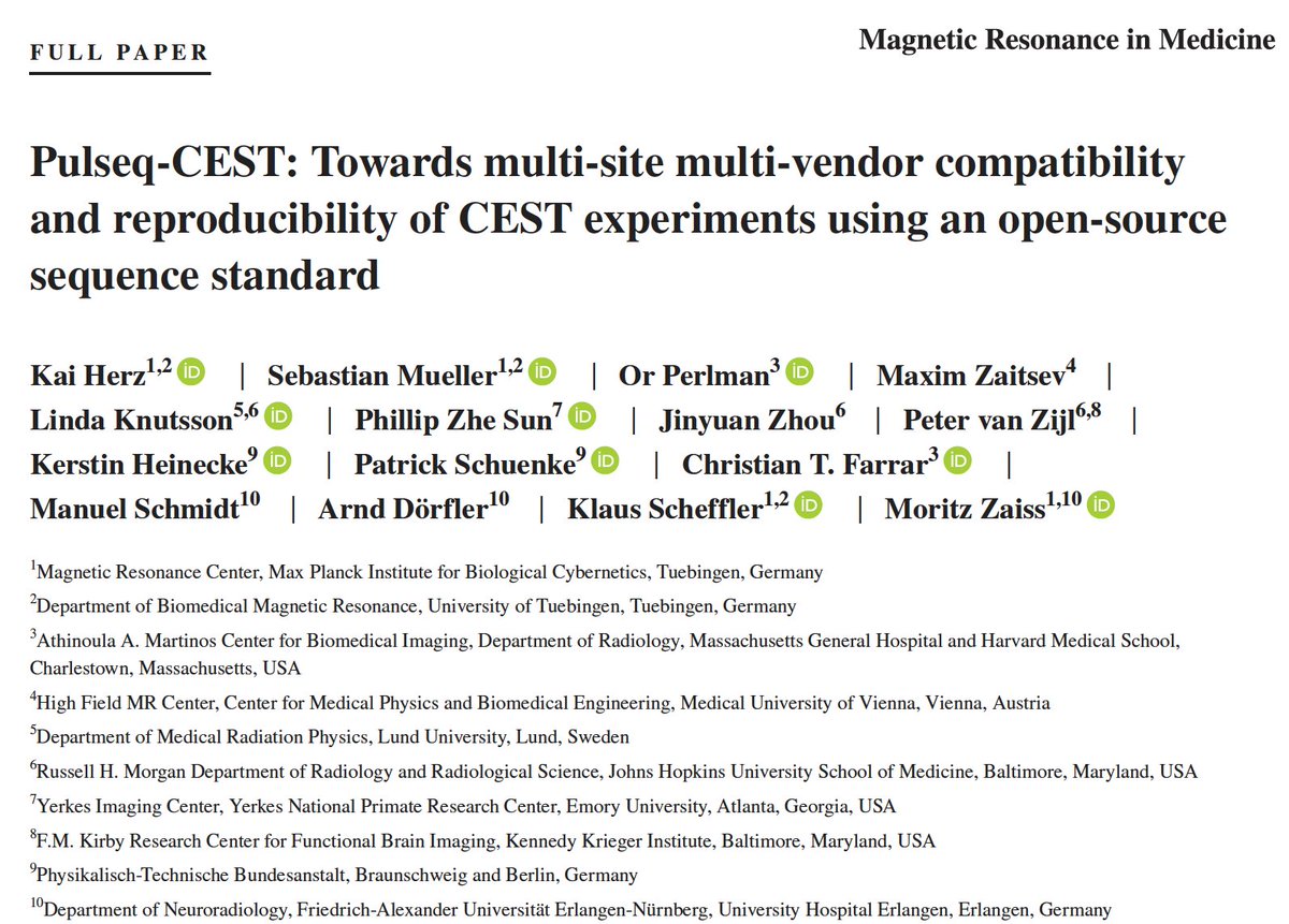 October MRM Editor's Pick #3: "Pulseq-CEST: Towards multi-site multi-vendor compatibility and reproducibility of CEST experiments using an open source sequence standard", by Kai Herz et al. <a href="/MPICybernetics/">Max Planck Institute for Biological Cybernetics</a>. onlinelibrary.wiley.com/doi/10.1002/mr…
