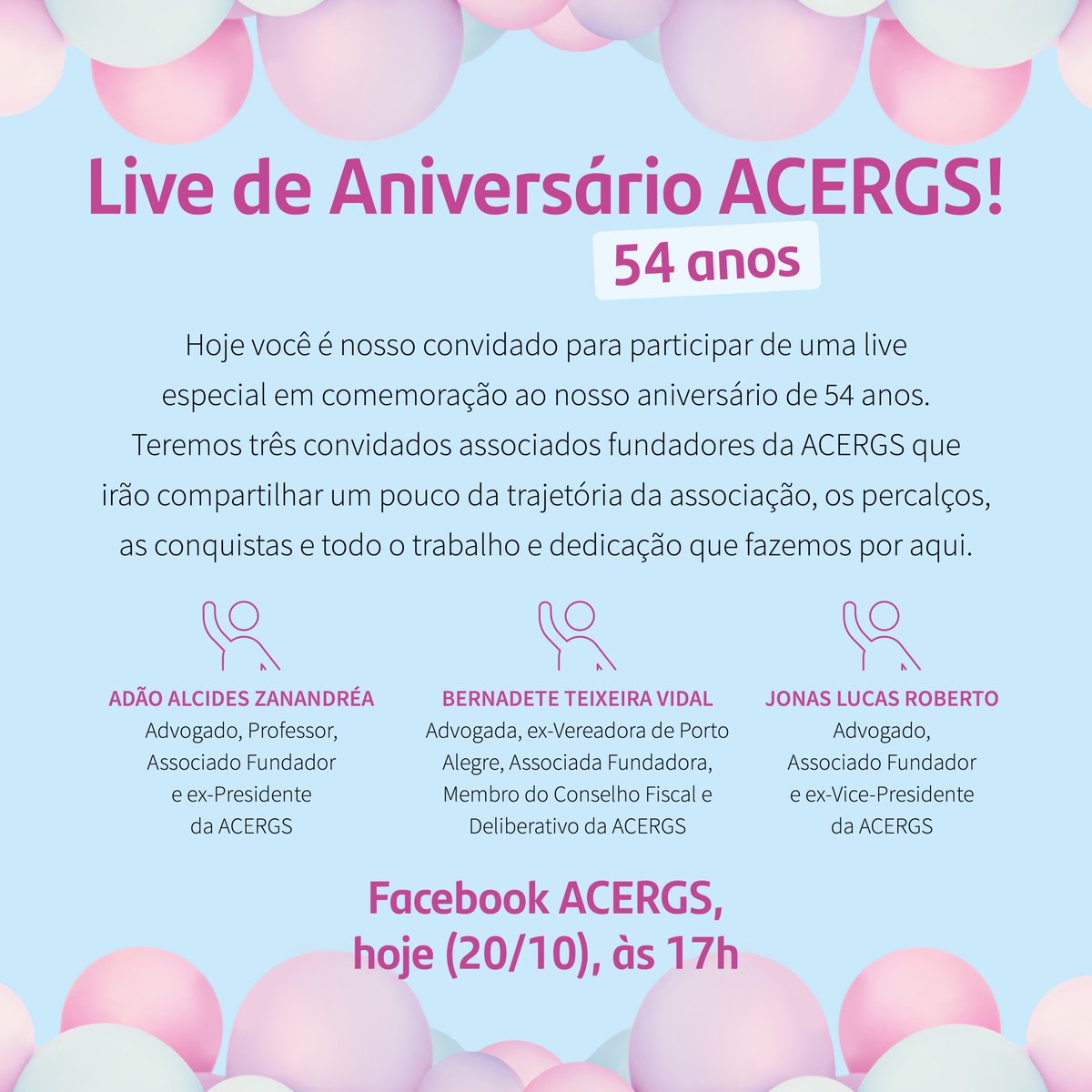 ACERGS's tweet image. Estamos de aniversário! 🥳 A ACERGS está comemorando 54 anos hoje! E vamos celebrar a data conversando e falando um pouquinho sobre a nossa trajetória com você. Participe conosco, às 17h, no Facebook! #ACERGS #AniversárioACERGS #54anosACERGS