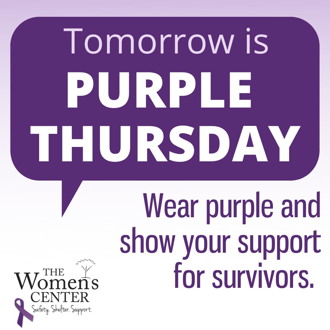 Tomorrow is #PurpleThursday! Plan your purple outfit now - by wearing purple, taking a photo, and posting it on social media, you'll help raise awareness of domestic violence and show you stand with survivors. Don't forget to tag us! ❤