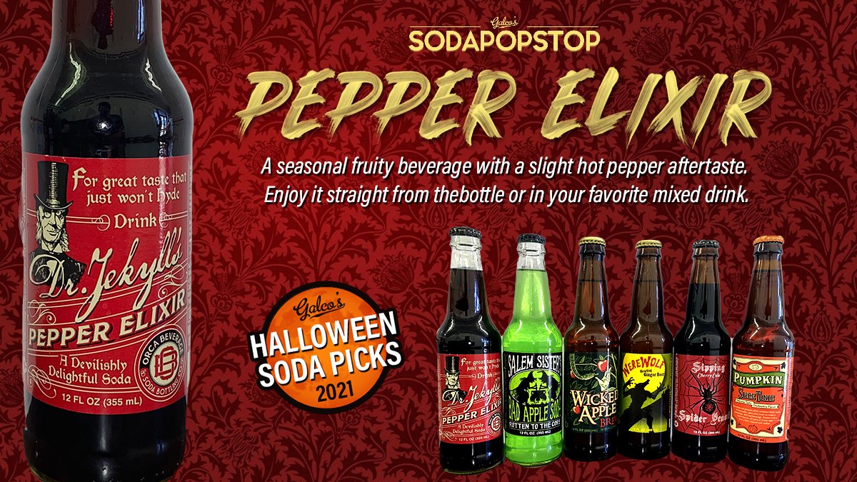 Galcos's tweet photo. Third soda on our Halloween list is Dr. Jekyll's Pepper Elixir. A seasonal fruity beverage with a slight hot pepper aftertaste. Drink it from the bottle or add it to your favorite mixed drink. Available in-store or online.

#halloweensoda #pepperelixir #sodapopstop https://t.co/VdWaLBNOhE