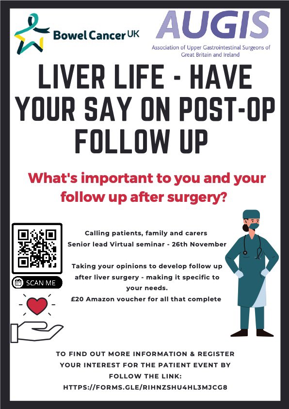 Have you or someone you know had liver surgery for metastatic colorectal cancer? We want to find out what matters to you when it comes to follow up after surgery. Virtual meeting Fri 26th November 10-12. Register at docs.google.com/forms/d/e/1FAI… and help us improve what we do.