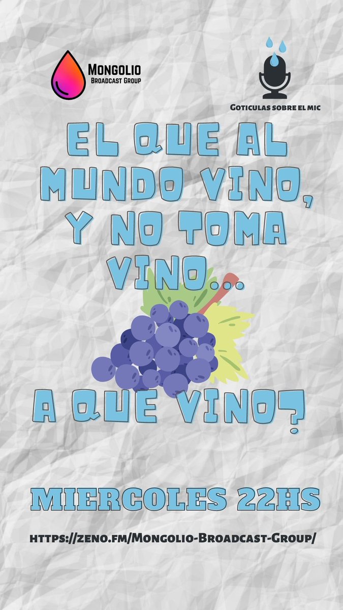 GoticulasMic's tweet photo. Hoy desde las 22hs nos visita @Panchotomassoni para hablar de vinos, pero no solo de variedades sino más bien de las bodegas…

Escúchanos en https://t.co/cMwCLo2sWX https://t.co/oZVOLqWyIm