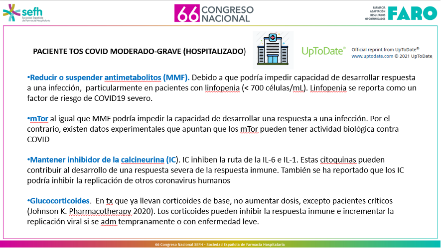 sefhcongreso's tweet photo. Correcto manejo de la inmunosupresión tras trasplante de órgano sólido en paciente con infección por COVID-19 #sefh21 @75Clemente @farmatrasplante @SiriaPablos @margomis @ana_sangrador @SETrasplante @ASHPOfficial @ISHLT @SOTPA1 https://t.co/KxzYIGTPdS