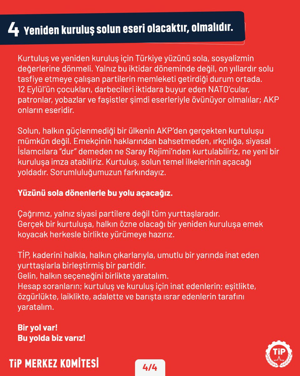 Çağrımız yalnızca siyasi partilere değil, tüm yurttaşlaradır.

Gelin, hesap soranların; kurtuluş ve kuruluş için inat edenlerin; eşitlikte, özgürlükte, laiklikte, adalette ve barışta ısrar edenlerin tarafını yaratalım. 

#BirYolVar! 
Bu yolda biz varız!