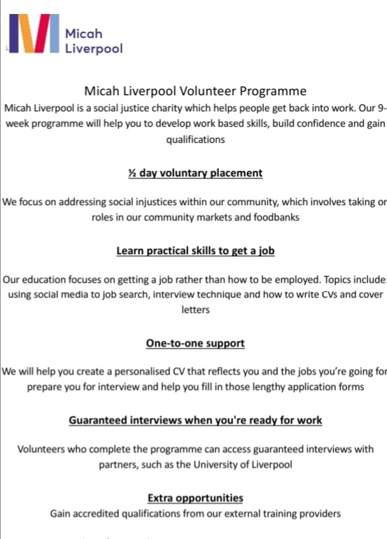 🟪🟧🟥🟦The Micah Liverpool Volunteer Programme is back 🟪🟧🟥🟦
 Contact danielle.azanuwha@liverpoolcathedral.org.uk or call 01517027206 / 07903160710 for more information.