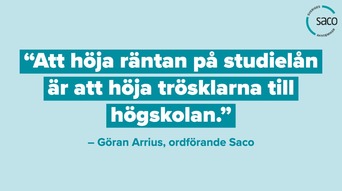 Akademikerna's tweet photo. Regeringen föreslår en rejäl höjning av studielånsräntan. Det riskerar att leda till att visa grupper, med sämre ekonomiska förutsättningar, avskräcks från att börja läsa på högskolan. Gör inte utbildning till en klassfråga. Stoppa förslaget! #rörinteräntan @ernkrans @Utbdep https://t.co/lEfznTOl3n