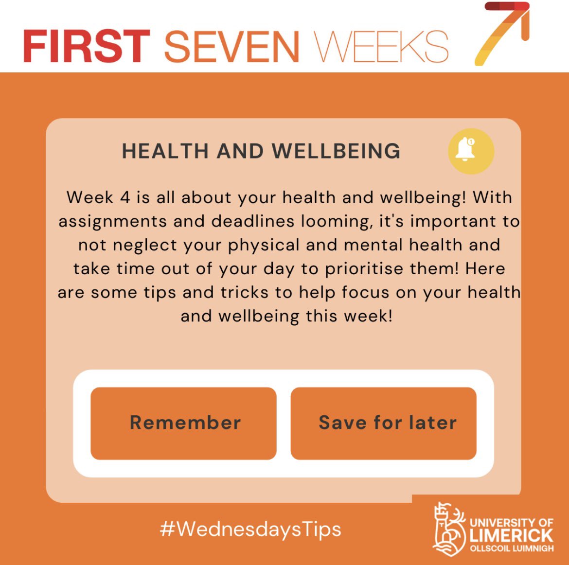 ULF7W's tweet photo. Here are this weeks #WednesdayTips all about health and well-being!
#healthyul #wellbeing #health #firstsevenweeksul #firstyearstudents #ul https://t.co/SupC5Dv4AK