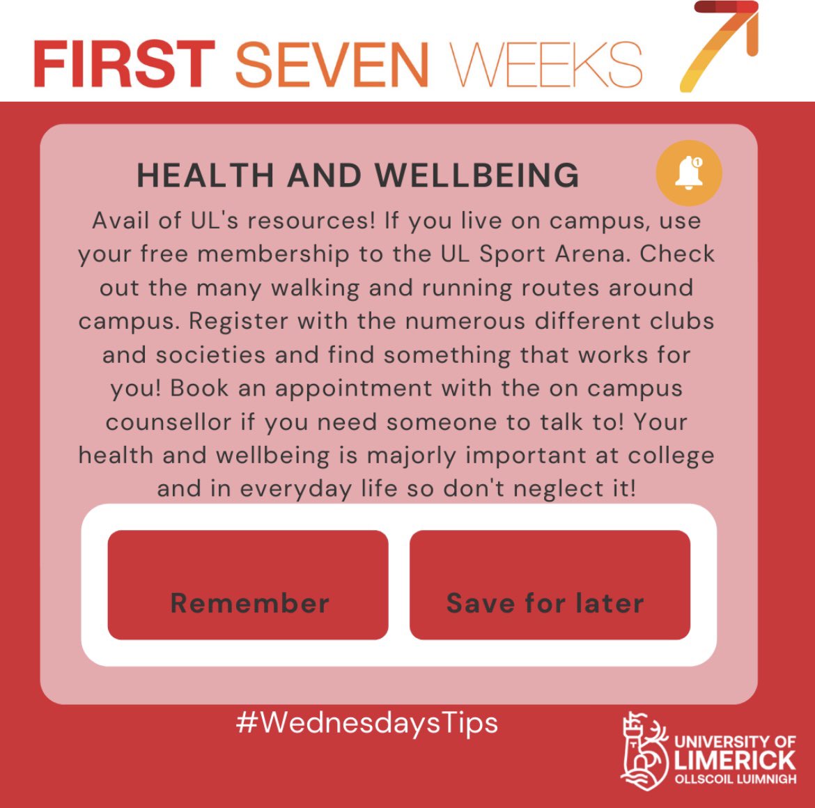 ULF7W's tweet photo. Here are this weeks #WednesdayTips all about health and well-being!
#healthyul #wellbeing #health #firstsevenweeksul #firstyearstudents #ul https://t.co/SupC5Dv4AK
