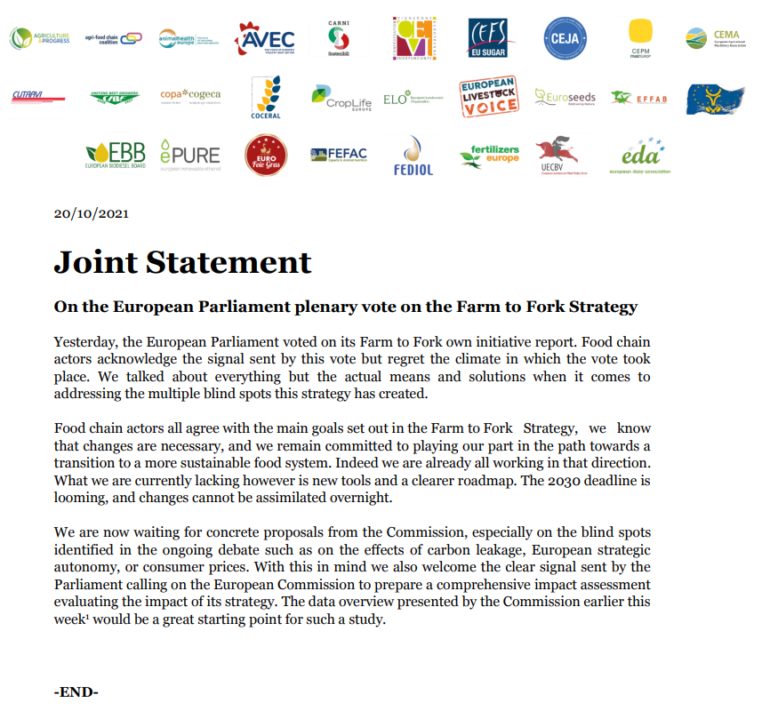 COPACOGECA's tweet photo. Joint statement by 🇪🇺 leading agri-food chain organisations following the vote in @Europarl_EN on #EUFarm2fork. 

We acknowledge the signal sent by this vote; we regret the climate in which the vote took place. 

Full Statement ⤵️⤵️⤵️ https://t.co/dtEQ1LMt37