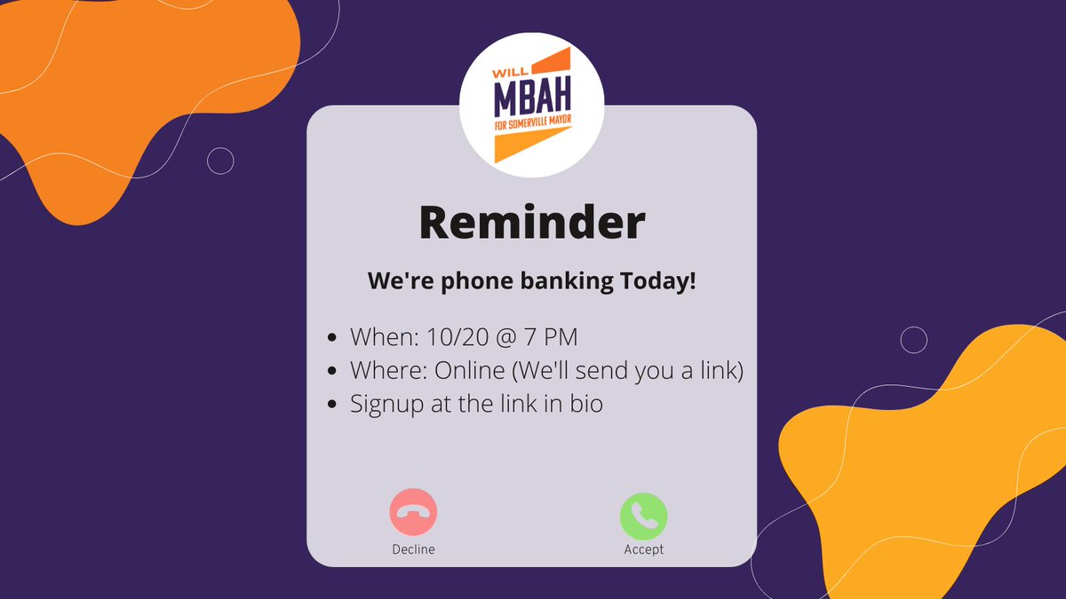 We have some great opportunities to volunteer coming up. Tonight we'll be phone banking at 7 PM. You can do it from the comfort of your own home. Sign up at willmbah.com/events