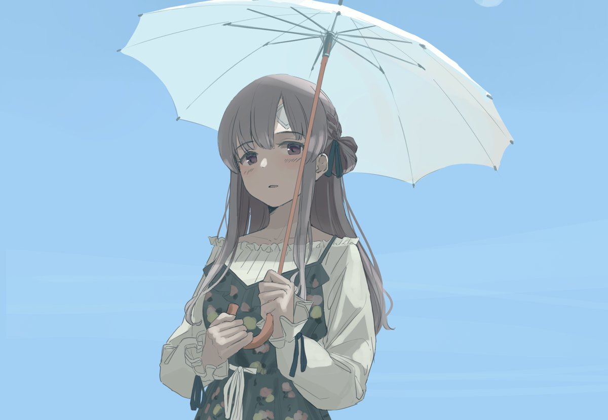 yukoku kiriko 1girl solo umbrella holding bandaid on forehead grey hair long hair  illustration images
